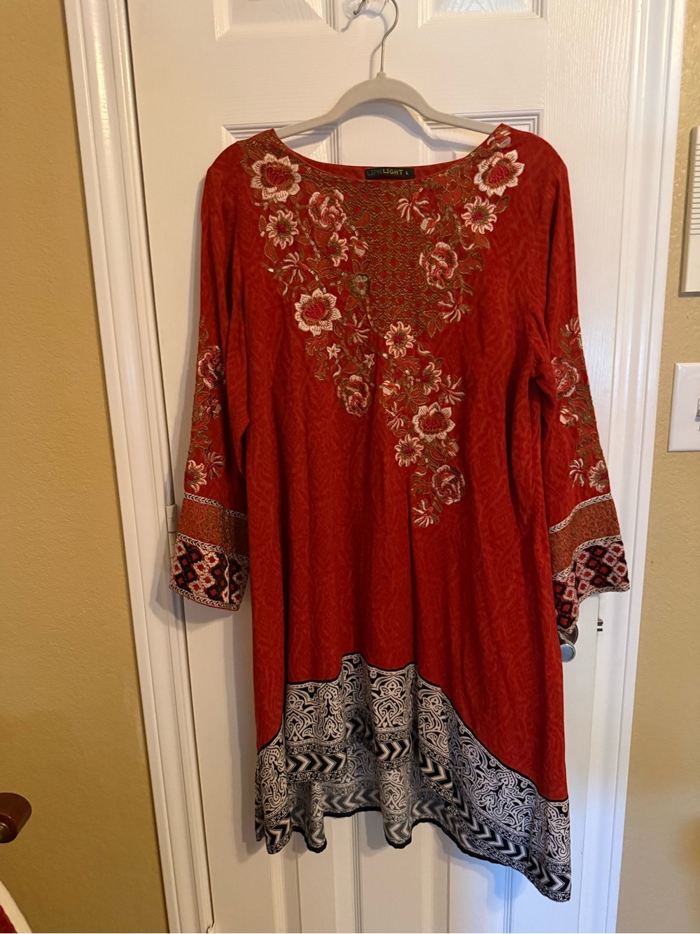 Red Embroidered Boho Tunic Top